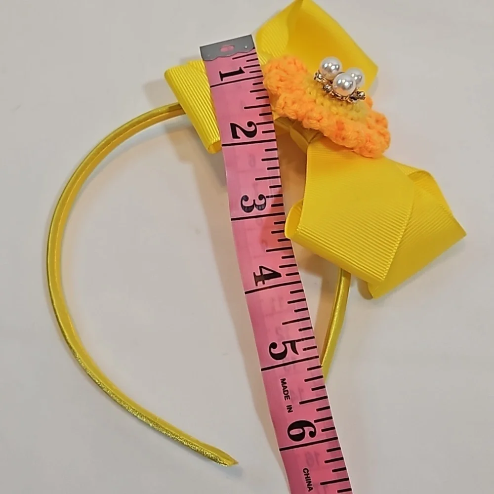 Hand Crafted yellow bow hairband hand crochet flower faux pearls beads floral